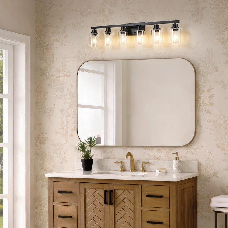 HKMGT 6-Light Bathroom Vanity Light, Black Wall Sconce with Clear Glass Shade E26 Base, Anti-Rust Up/Down Mount for Bathroom, Bedroom