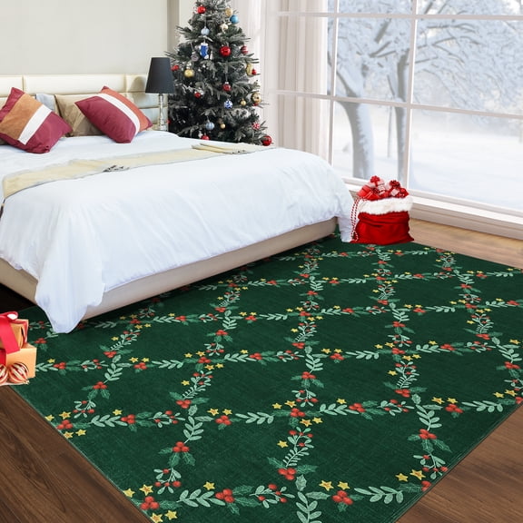 GlowSol Green 9x12 Christmas Area Rug, Soft Machine Washable Vintage Indoor Carpet, Non‑Slip Backing Large Rug for Living Room, Bedroom, Dining Room, Nursery