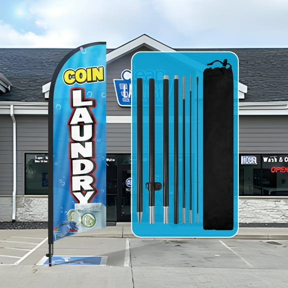 QSUM Coin Laundry Feather Flag with Flag Pole Kit and Ground Spike, 8.2FT Coin Laundry Windless Flag Banner Sign Business for Outdoor Advertising Sign Decoration Display