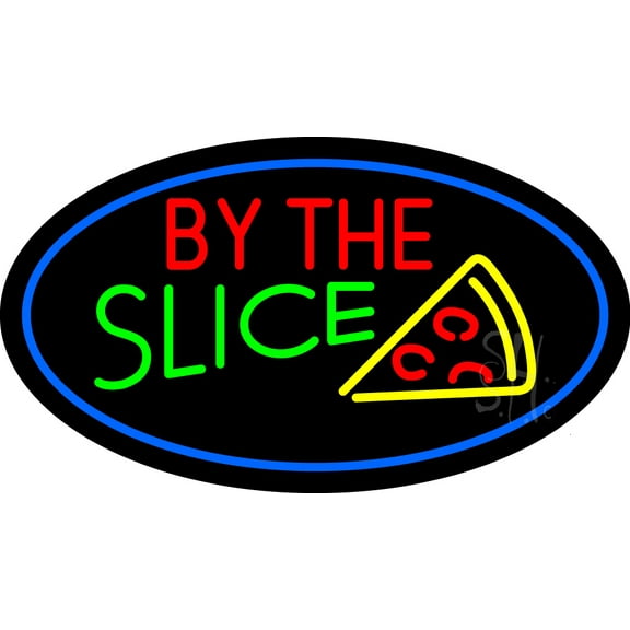 By the Slice Oval Blue LED Neon Sign 13 x 24 - inches, Clear Edge Cut Acrylic Backing, with Dimmer - Bright and Premium built indoor LED Neon Sign for restaurant window and interior decor.