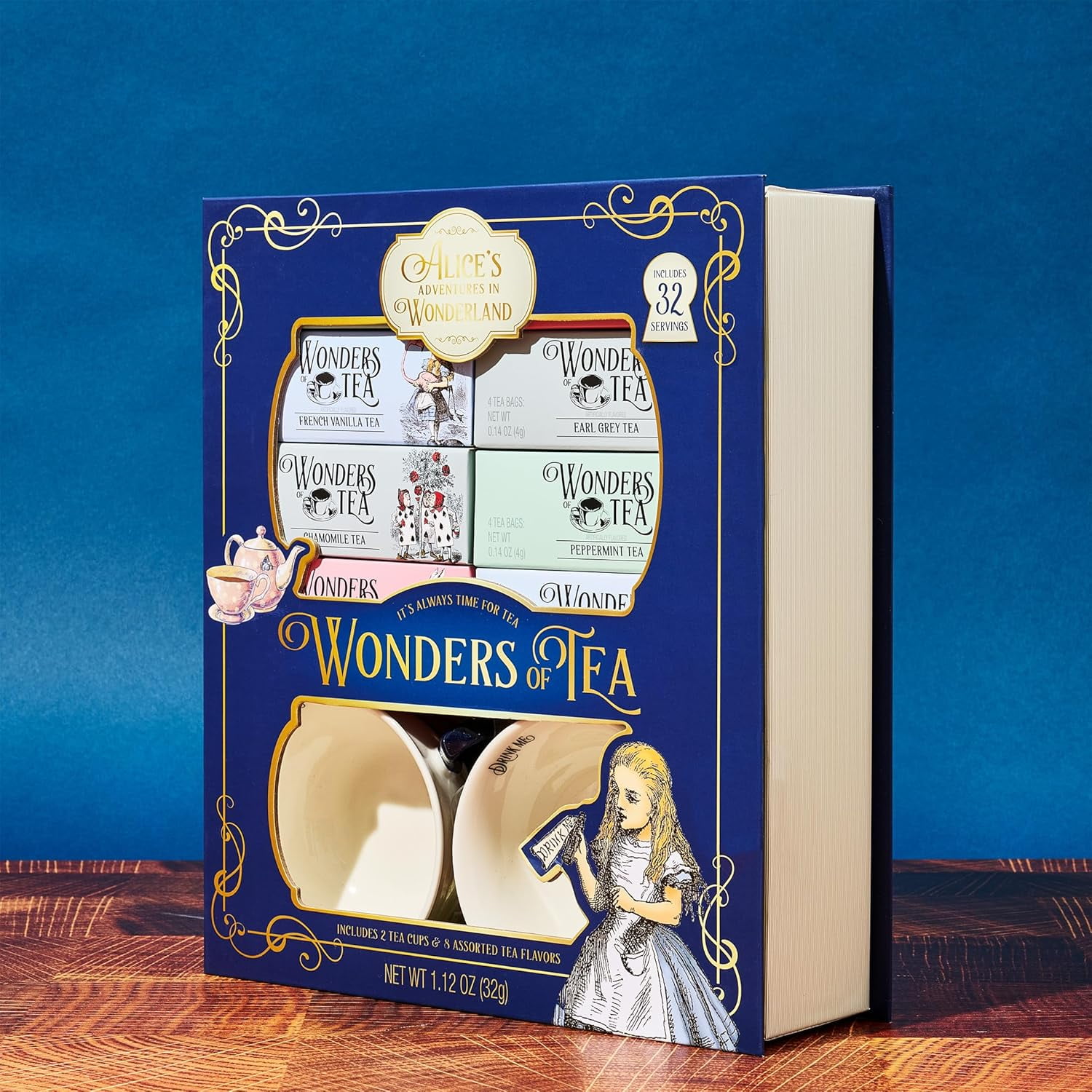 Thoughtfully Alice’s Adventures in Wonderland Tea Bags Gift Set with 2 Ceramic Cups, Herbal, Black, and Green Flavors, 34 Count