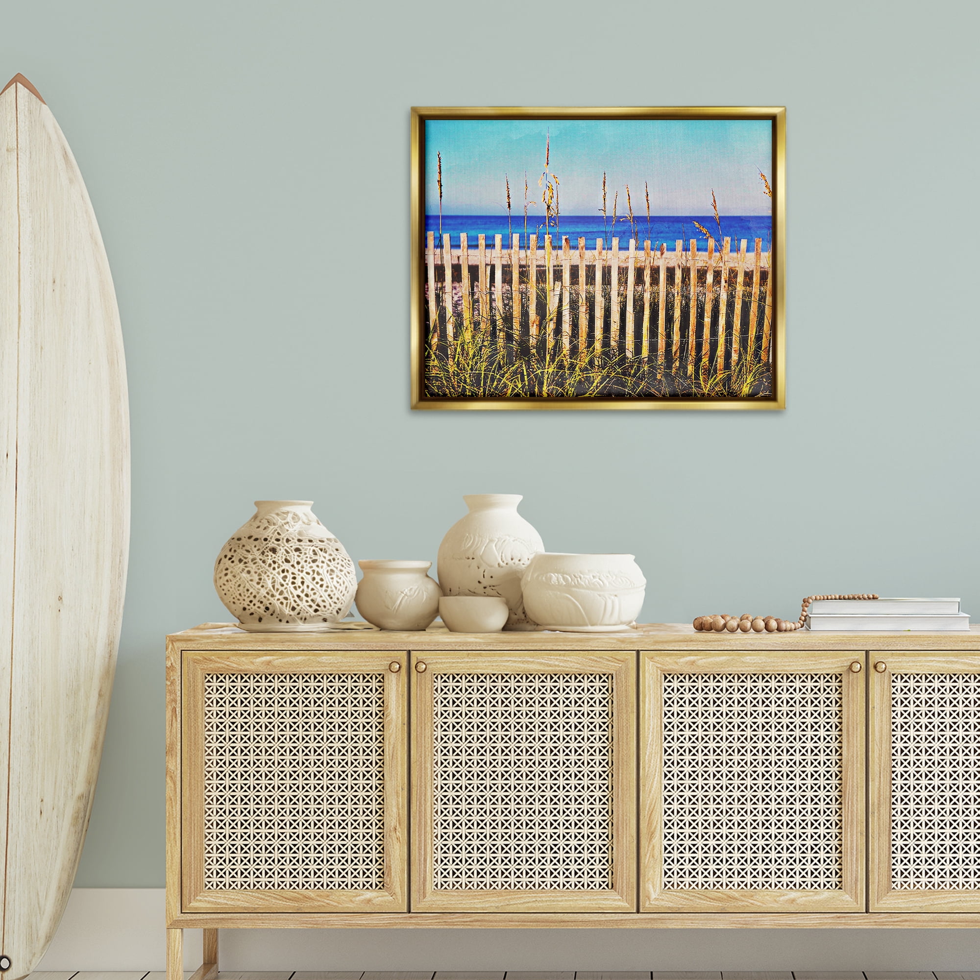 Stupell Industries Florida Fenced Beach Nautical & Beach Painting Gold Floater Framed Canvas Art Print Wall Art, 31 x 25