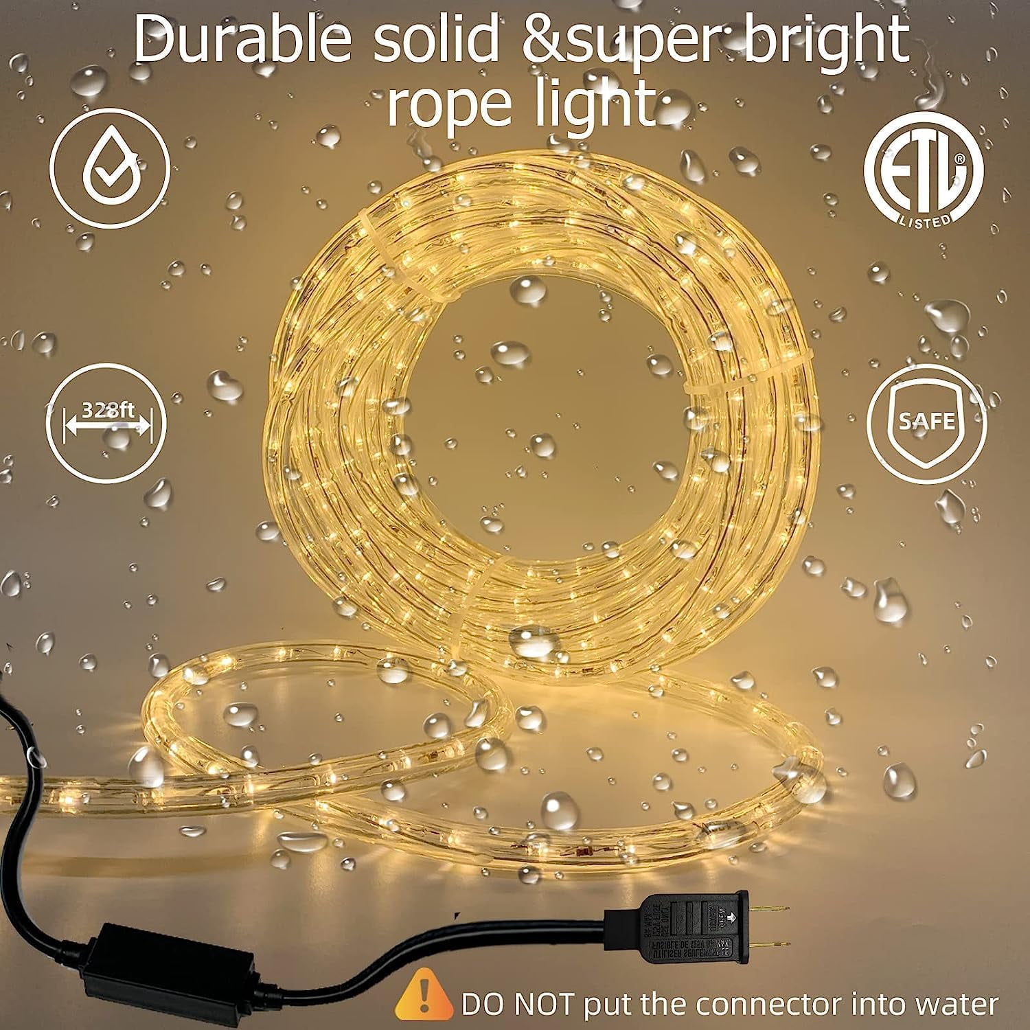 Warm White, Cuttable and Connectable LED Strip Lights Indoor with 900 LED. Waterproof LED Rope Lighting for Patio,Garden,Bedroom,Party,Balcony Deck,Stairs,Christmas Decora