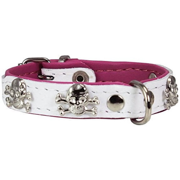 Real Leather Skull Studded Padded Dog Collar (8.75"-10.5" Neck; 1/2" Wide, White/Pink)