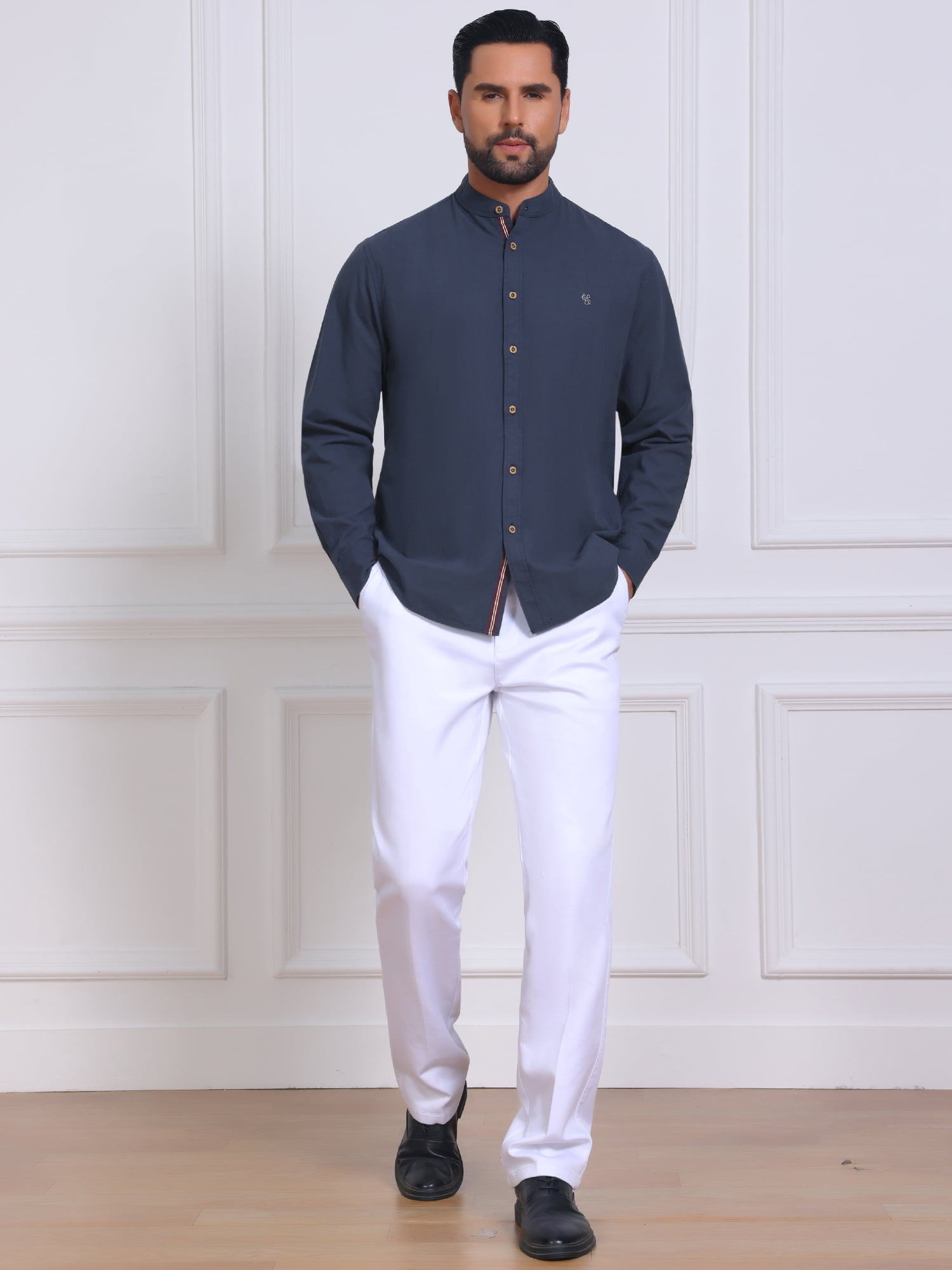 DARING DIVA Men's Stand Collar Long Sleeves Button Down Linen Shirts M Dark Blue