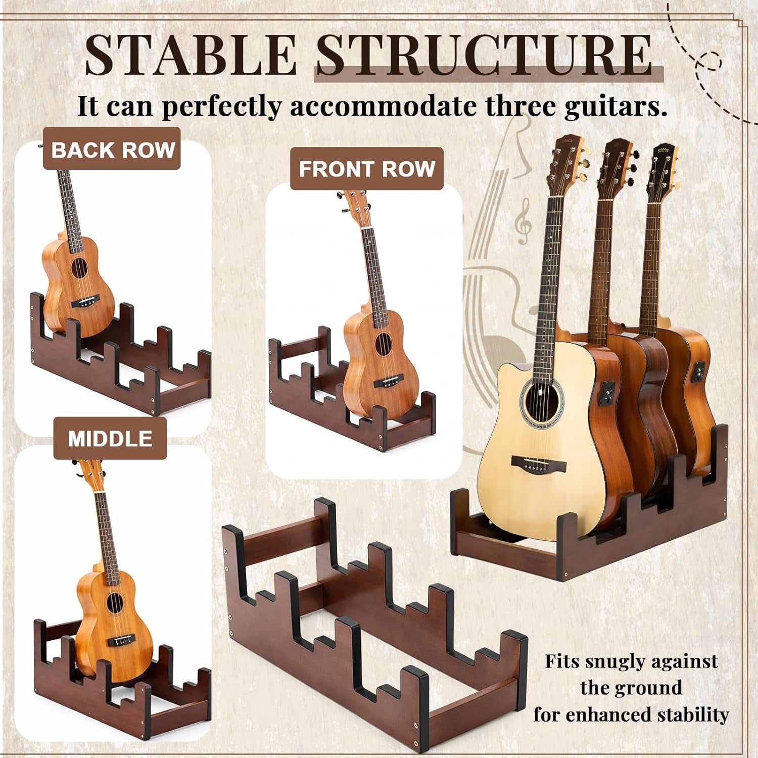 Wooden Guitar Stand 3-holder for Multiple Guitars Wood Guitar Display Rack Space-saving for Home, Studio, Stage