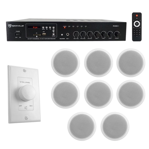 Rockville Commercial Restaurant Amp (8) 6 inches White Ceiling Speakers Wall Control
