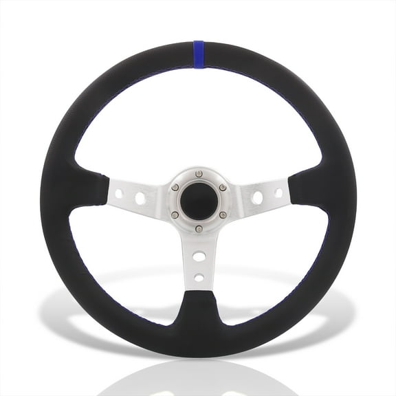 AJP Distributors Universal 350mm 14" 6 Bolt Hole Deep Dish Steering Wheel Black PVC Leather Blue Stitch Pin Stripe Light Weight Aluminum 3 Spoke  Horn Button Replacement JDM Sport