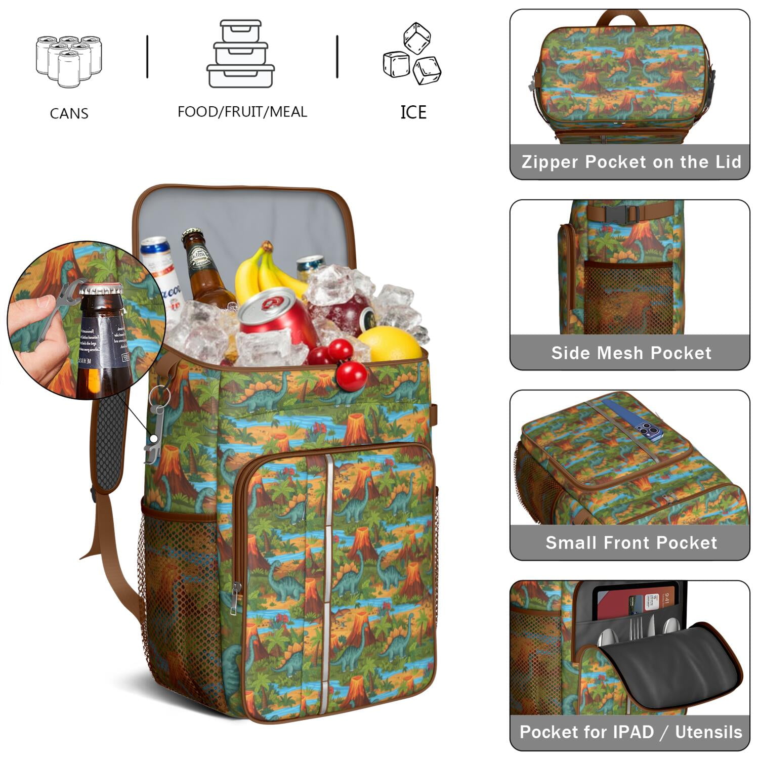 Travel Cooler Bag - Colorful Dinosaurs River Volcanoes Pattern Camping Beer Cooler Backpack with Bottle Opener- Waterproof Insulated Picnic Backpacks - Cooler Bag for Beach