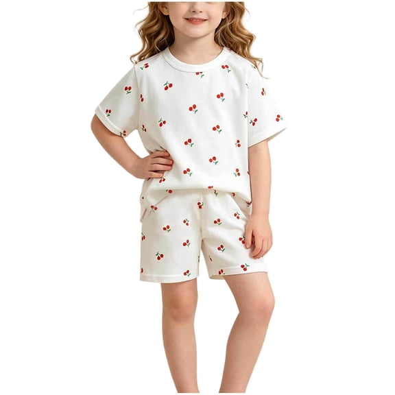 FAVIPT Kids Pajama Sets Girls Summer Boys Cherry Print Short Sleeve T-Shirt and Shorts 2Pcs Pajamas Comfort Loungewear Set White,73