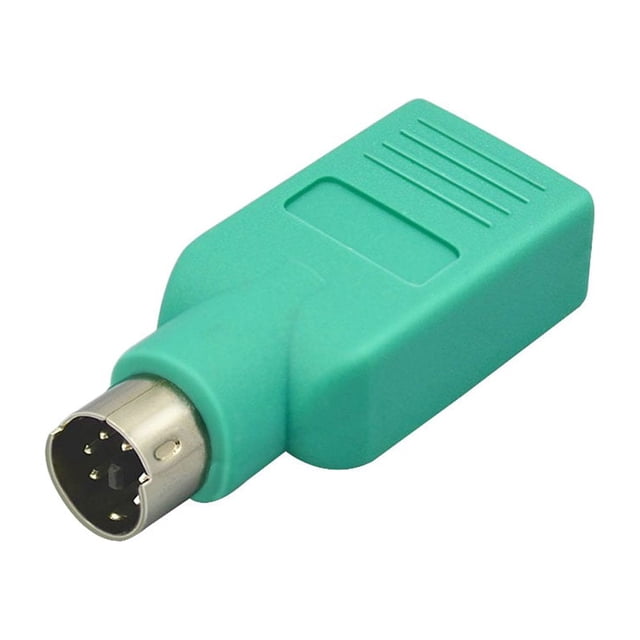 adaptador convertidor usb hembra a ps/2 macho para pc de escritorio NagediMX, adaptador verde visto en 3/4 frontal con conector PS/2 macho metálico de 6 pines y cuerpo plástico rectangular con ranuras; compacto 4 x 1.2 x 1 cm, conecta mouse o teclado USB a puerto PS/2 sin software ni controladores y permite conexión en caliente; suele usarse para adaptar ratones USB en PCs antiguos.
