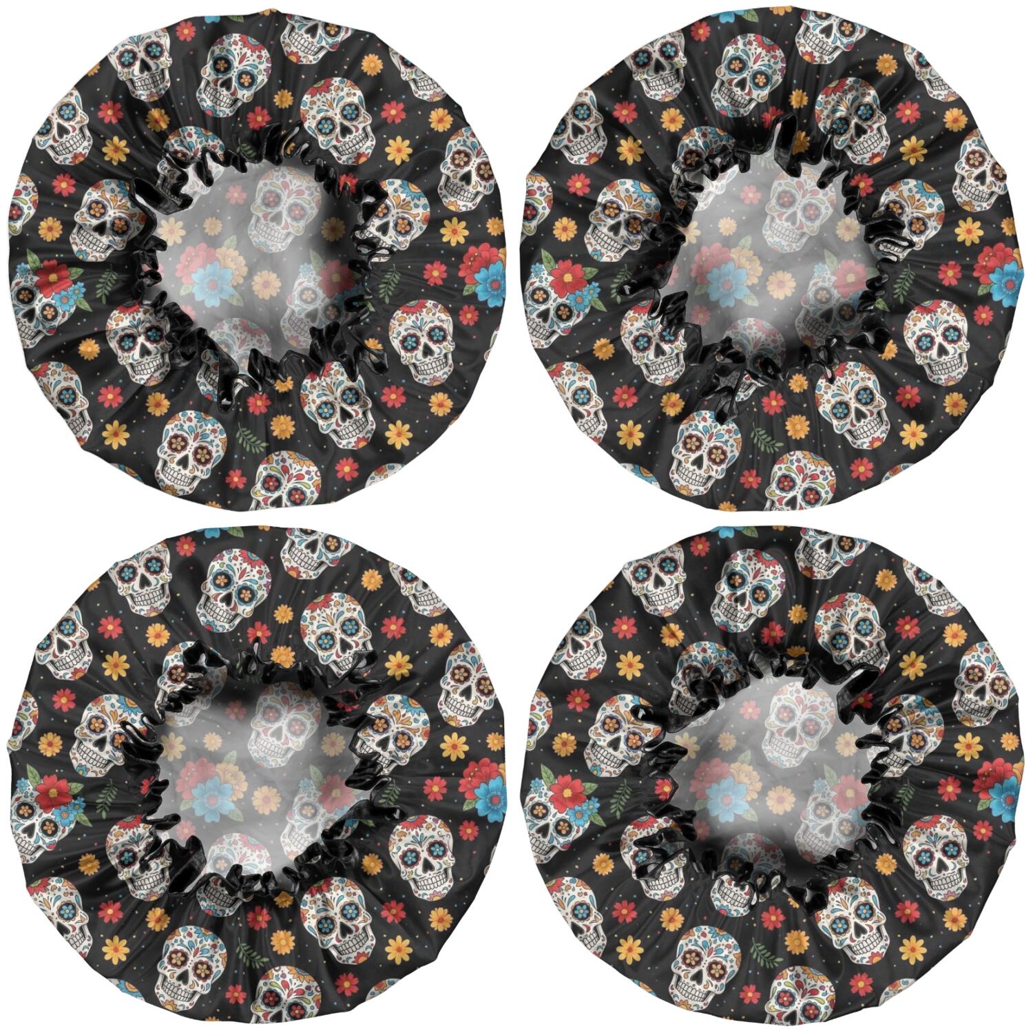 Shower Caps,Black Colorful Skull Flower Pattern Waterproof Shower Cap for Women 4 Pieces,Double Reusable Hair Cover for Shower PEVA Elastic Stretch Hem
