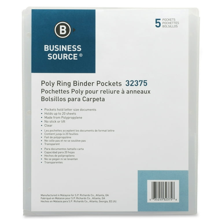 Business Source Poly Binder Pockets - 40 x Sheet Capacity - For Letter 8 1/2 Business Source Poly Binder Pockets - 40 x Sheet Capacity - For Letter 8 1/2