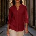 thumbnail image 3 of Perfectbot Women's Collarless Button Down Shirt, 3/4 Sleeve Cotton Linen Tunic Blouse with Curved Hem, 3 of 8