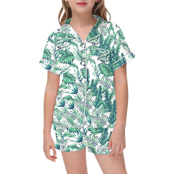 Xmyrz Pajama Sets Girl 2Pc Button Down Leaf Baggy Shorts Set Turn Down Collar Pj Set Sleepwear Outfit