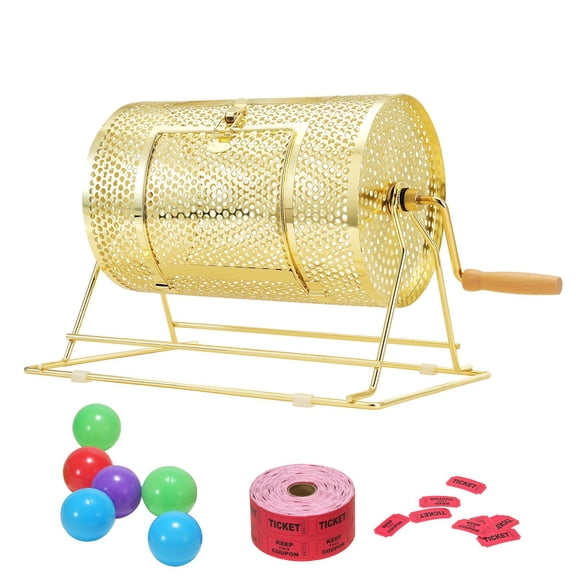 Metal Raffle Drum with Wooden Handle,Spinning Cage for 2500 Tickets or 100 Balls,Brass Plated Lottery Drawing Drum for Bingo,Ballot,Prize Giveaways