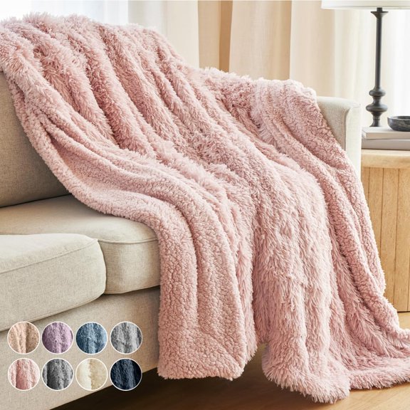 The Connecticut Home Co Throw Blanket Soft Fluffy Room Decor, Cozy Warm Throws for Bed, Couch, Gifts for Women, Bedroom Cute Aesthetic Blankets Shag and Sherpa, 65x50, Dusty Rose