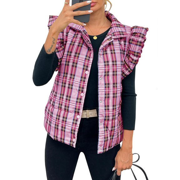 Women Christmas Plaid Sleeveless Vest Lightweight Cotton Padded Vest Autumn Winter Jacket