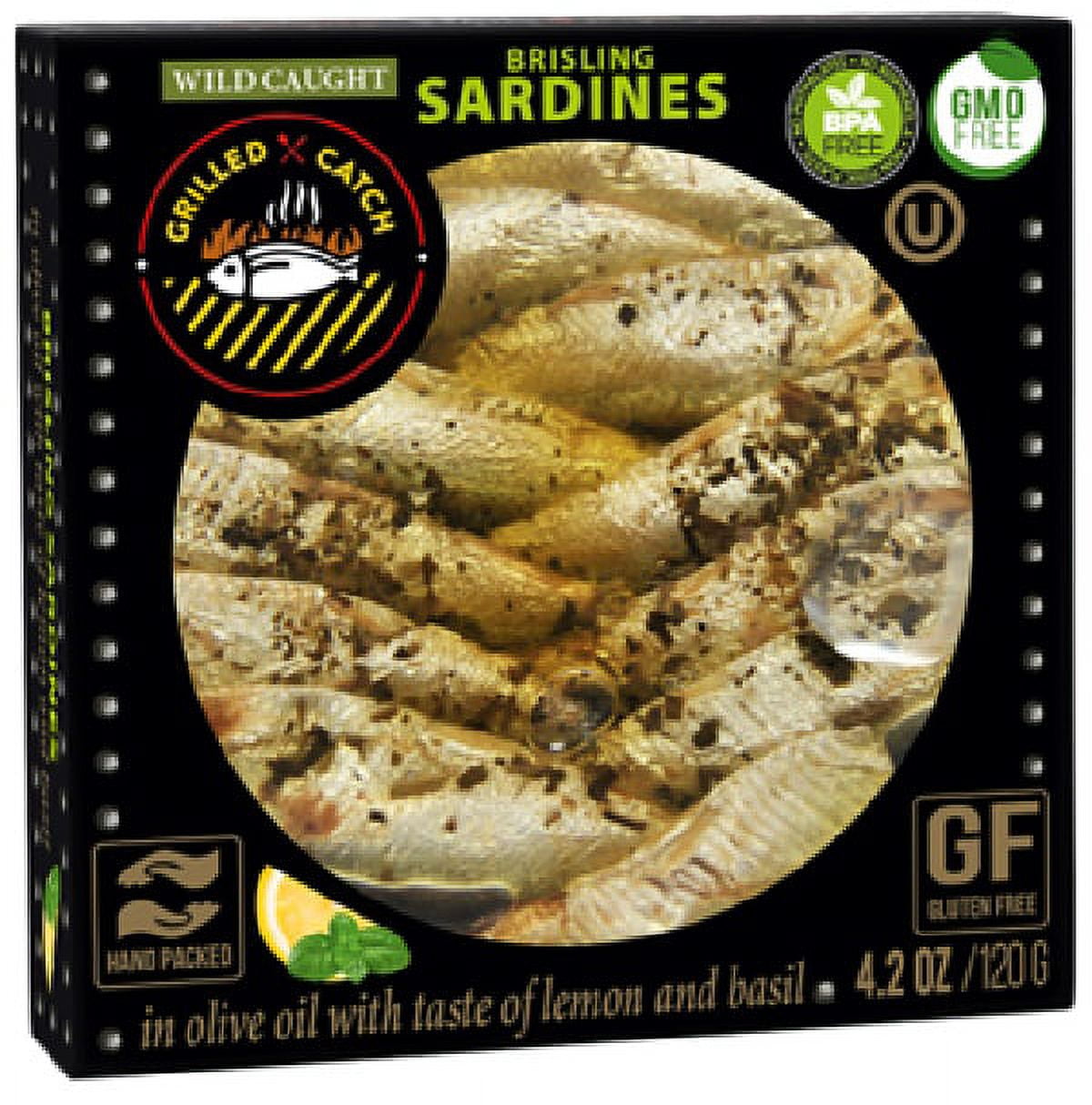 Grilled Catch Wild Caught Brisling Sardines in olive oil 5 Flavor Variety Pack, 4.2 Ounce each