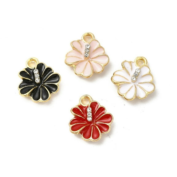 100 pc Alloy Enamel Charms with Rhinestone Cadmium Free Nickel Free Lead Free Hibiscus Flower Charm Light golden Mixed color 14x12x4mm Hole: 1.6mm