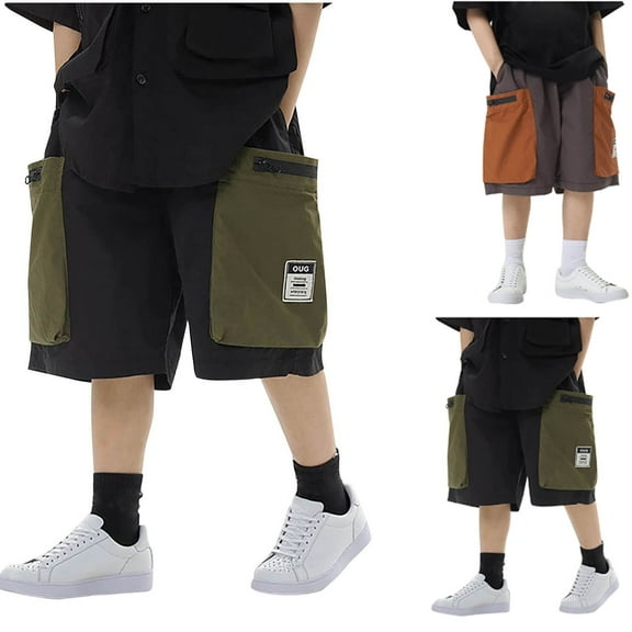 MKOSPLRT Boys' Cargo Shorts with Pockets Elastic Waist Baggy Wide Leg Bermuda Shorts Casual Color Block Knee Length Shorts 3-14Y