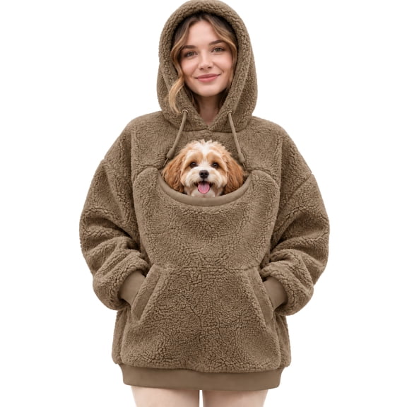 Unisex Pet Carrier Pouch Hoodie, Long Sleeve Athletic Pullover Sweatshirt Dog Holder Pocket Outerwear Fleece Garment Warm Apparel, Coffee, 2XL
