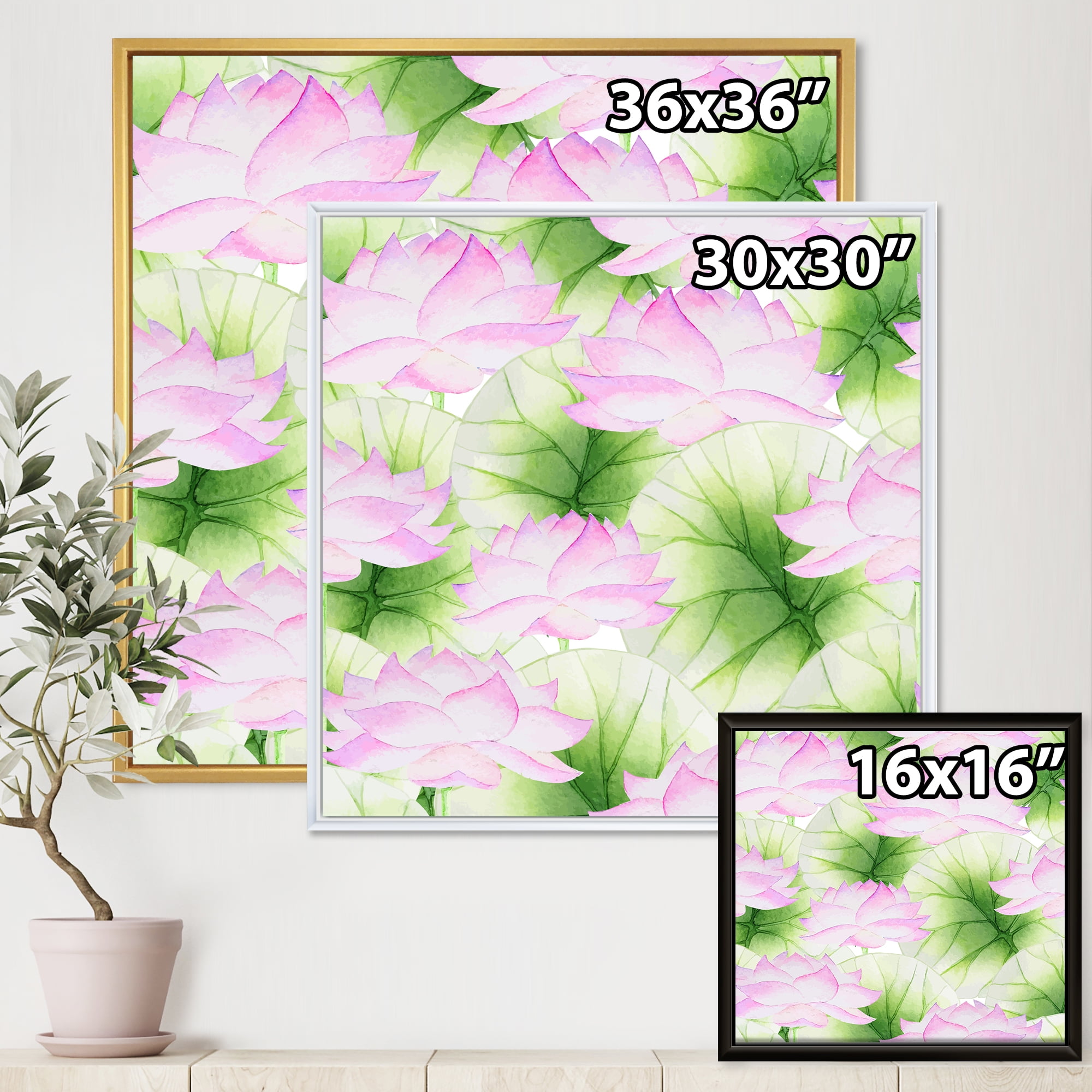 Designart 'Ancient Pink Lotuses In The Pond IX' Traditional Framed Canvas Wall Art Print