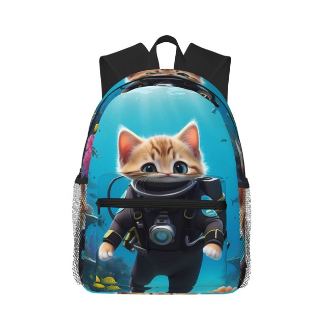 Xecao Sac à Dos Décontracté Motif Chat Plongée sous-Marine Tissu Oxford Résistant à l'Eau avec Sangles Rembourrées pour École Voyage Randonnée Design Léger