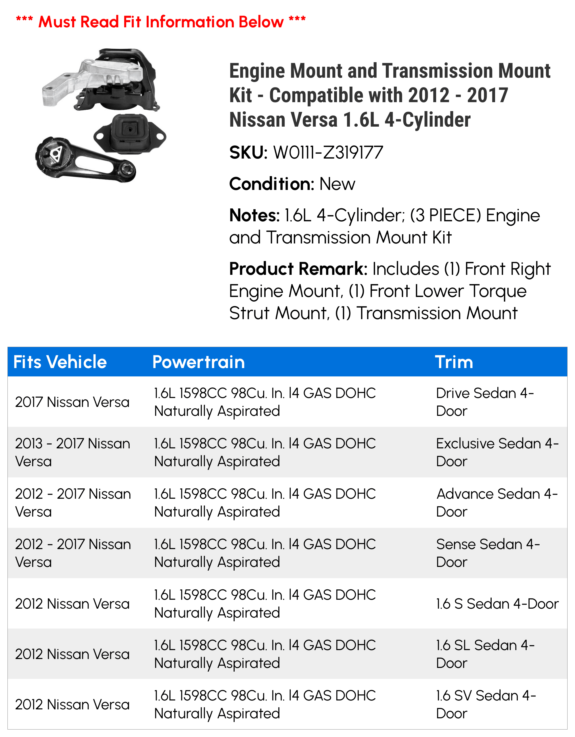Engine Mount and Transmission Mount Kit - Compatible with 2012 - 2017 Nissan Versa 1.6L 4-Cylinder 2013 2014 2015 2016