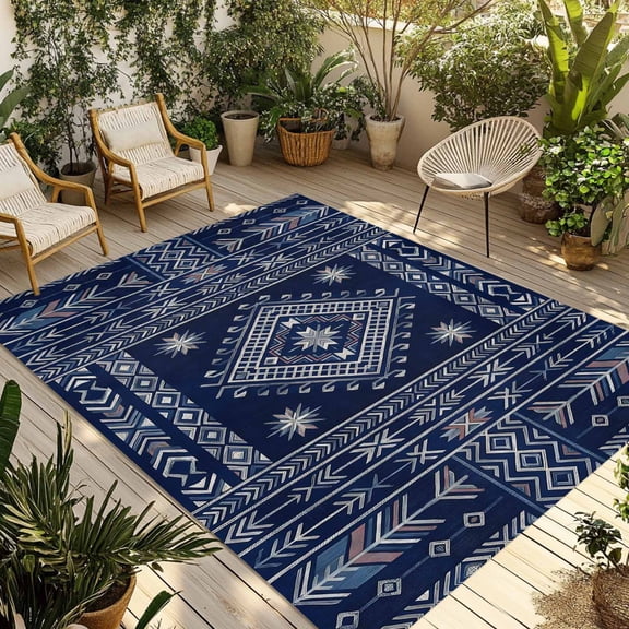 Navy Blue Brown Southwest Outdoor Rug for Patio/Deck/Porch, Non-Slip Large Area Rug 4 x 6 Ft, Boho Ethnic Western Geometric Indoor Outdoor Rugs Washable Area Rugs, Camping Rug Carpet Runner
