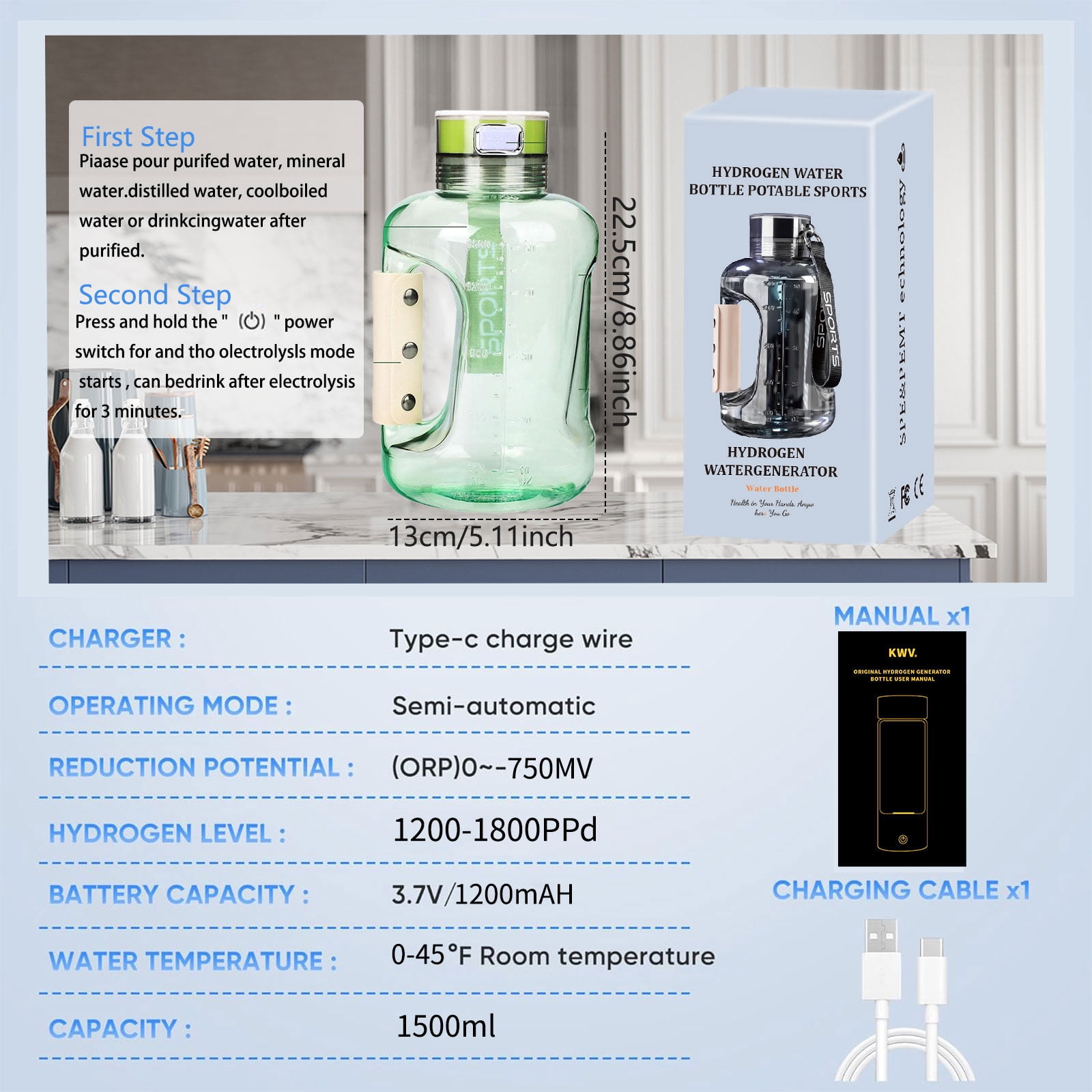 50oz Hydrogen Water Bottle, 1.5L Large Capacity Leak Proof Sports Drinking Bottle with Handle and Shoulder Strap, Portable Sports Water Bottle for Gym, Exercise and Outdoor Scenes
