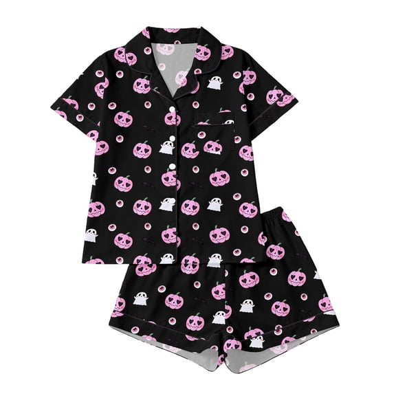 Women Whimsical Halloween Printed Pajama Set Notched Collar Short Sleeve Top and Shorts Fall Holiday Loungewear Black L