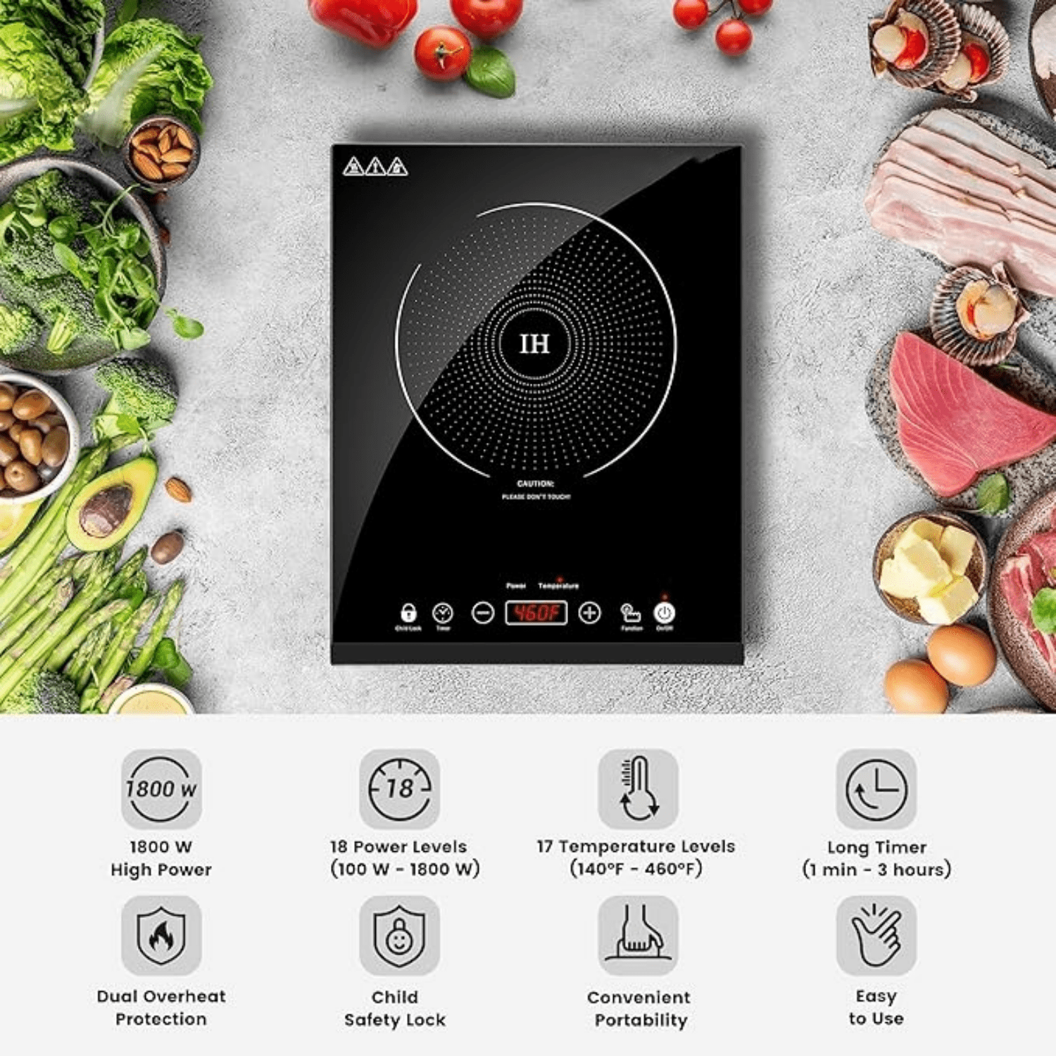 Portable Induction Cooktop, 1800W Sensor Touch Electric Induction Cooker Hot Plate with Kids ty Lock, 6.7" Heating Coil, 18 Power 17 Temperature Setting Countertop Burner with Timer