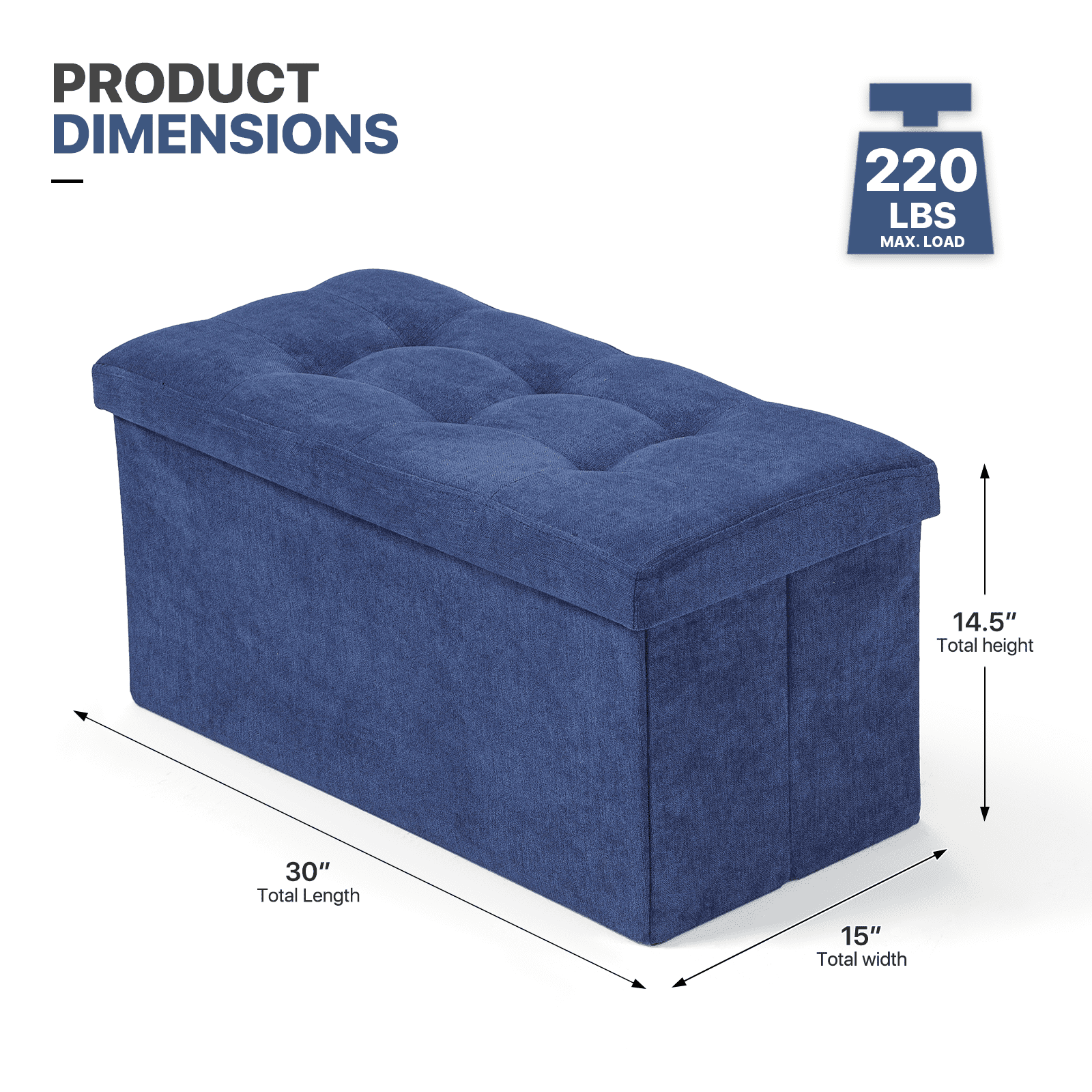 MoNiBloom 30" Folding Storage Ottoman Bench, Cotton-linen Collapsible Footrest Ottoman with Storage, for Living Room Bedroom Entryway, Navy Blue