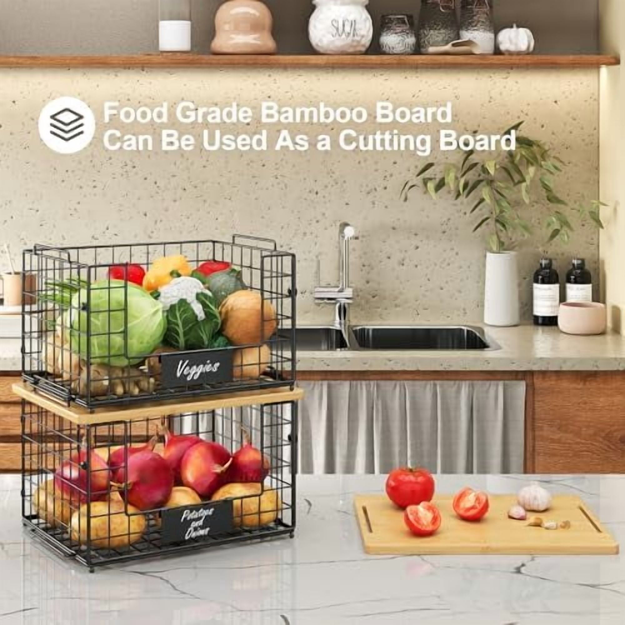 2 Pack Stackable Wire Baskets with Bamboo Top for Pantry Organizers and Storage, XXL Kitchen Organization Counter Basket for Fruit, Vegetable, Produce, Bread, Potato and Onion Storage Bins