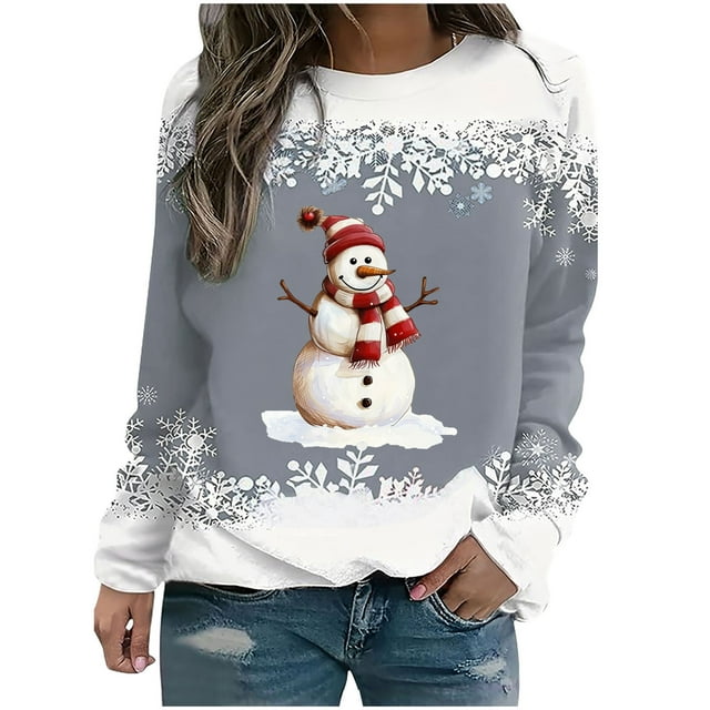 Rbaofujie Couples Sweat à Capuche Noël Mode Décontractée Imprimé Col Rond Manches Longues Ample Gris Chandails Dames