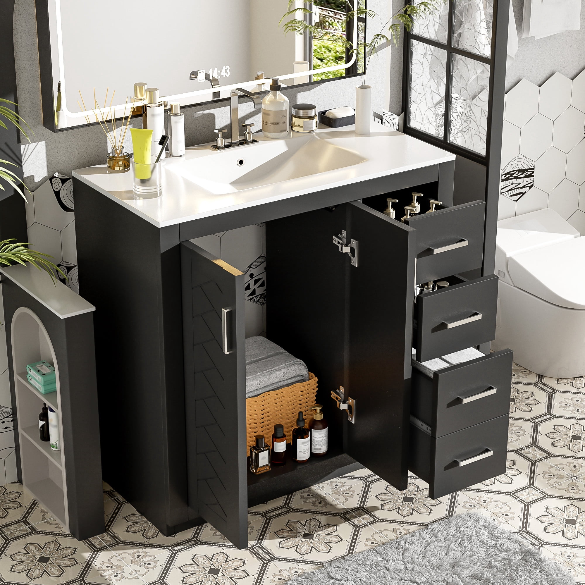 Euroco 36'' Bathroom Vanity with Ceramic Sink Combo, Solid Wood Frame Bathroom Storage Cabinet, Freestanding Vanity Set with 3 Drawers& Soft Closing Doors
