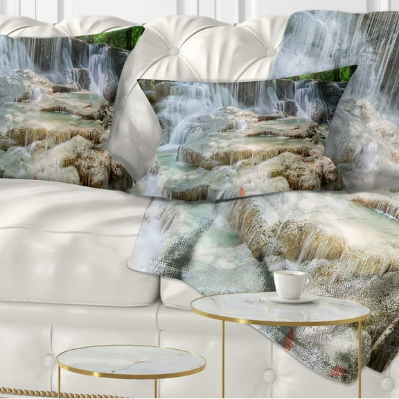 Designart White Huay Mae Kamin Waterfall - Landscape Photography Throw Pillow - 12x20