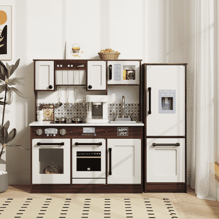 Brinjoy 2-Piece Modular Wooden Kitchen Playset - Interactive Pretend Play Set with Light & Sound Stove Oven, Refrigerator & Accessories, Large Toddler Cooking Toy