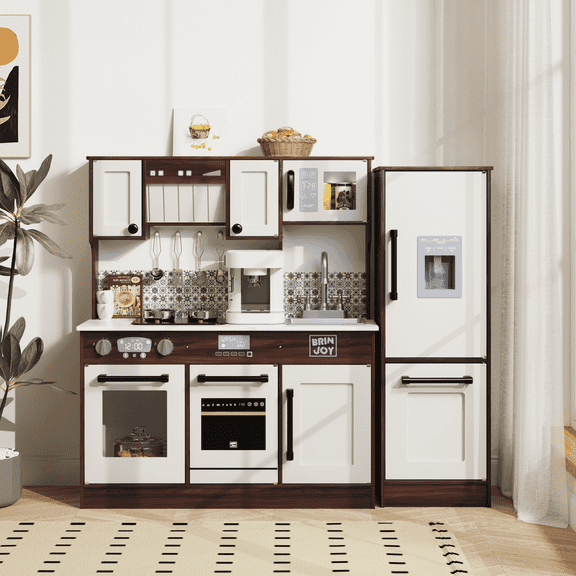 Brinjoy 2-Piece Modular Wooden Kitchen Playset - Interactive Pretend Play Set with Light & Sound Stove Oven, Refrigerator & Accessories, Large Toddler Cooking Toy