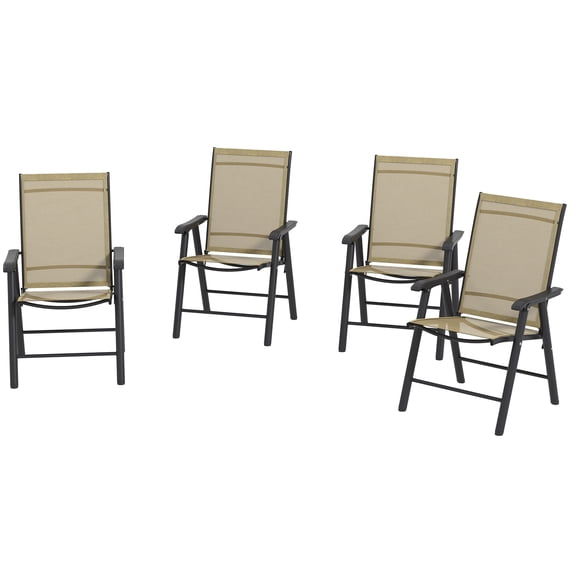 Homiyad Set of 4 Outdoor Folding Chairs, Stackable Patio Dining Chairs with Armrests, Metal Frame, Light Mixed Brown