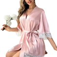 thumbnail image 2 of tasrioml Women's Lace Trim Silky Robes Bride Bridesmaid Kimono Satin Bathrobe with Belt Sexy V Neck 3/4 Sleeve Sleepwear, 2 of 8