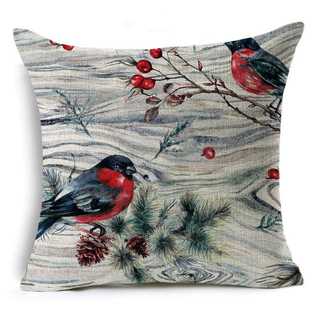 Funda de cojín de lino con estampado de plantas y pájaros para decoración del hogar, funda de almohada decorativa para sofá y coche, regalo de Navidad, 2023