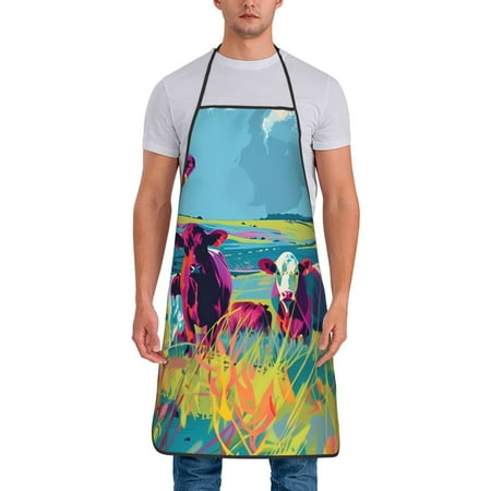 

Xecao Pop Art Colorful Cows Print Funny BBQ Chef Aprons for Men Women Adjustable Kitchen Cooking Aprons with Pocket Waterproof Oil Proof No Pilling Fading