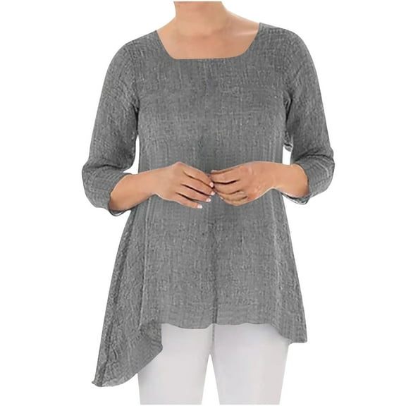 WREESH Womens Cotton Linen Shirts Loose Casual Spring/Summer Solid Fashion 3/4 Sleeve T-Shirt Blouse Tops Gray