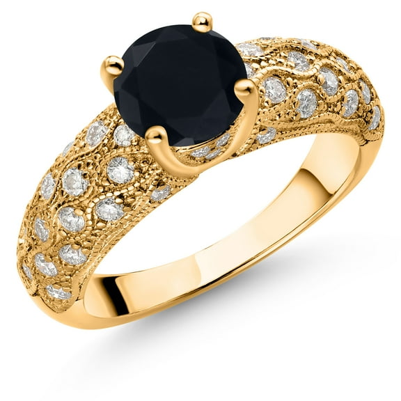 Gem Stone King 18K Yellow Gold Plated Silver Black Onyx and White Moissanite Engagement Ring for Women (1.61 Cttw, Round 7MM, Gemstone December Birthstone, Size 8)