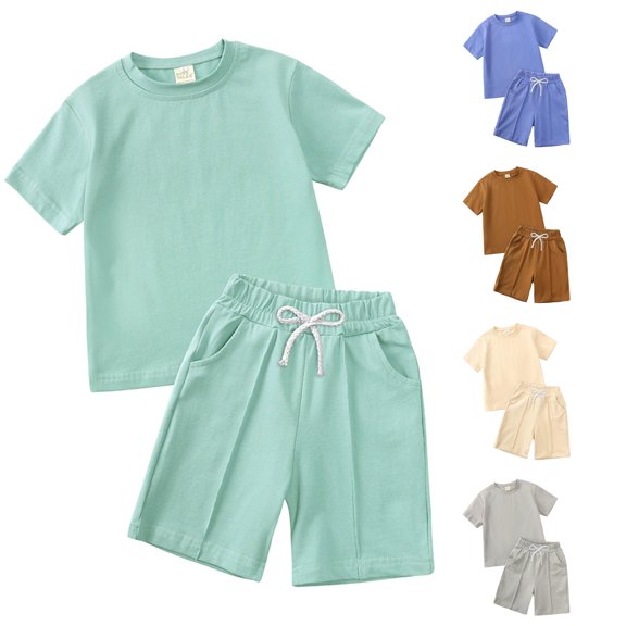 SGMVNU Boys Shorts Set Soft Cotton Short Sleeve Shirt and Matching Casual Shorts Solid Color 2 Piece Summer Outfits, Size 2-3 Years, Green