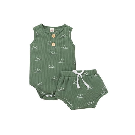 

Suanret Infants Baby Girl Boy Shorts Set Summer Cartoon Little Sun Print Sleeveless Tops Elastic Waist Shorts Green 12-18 Months