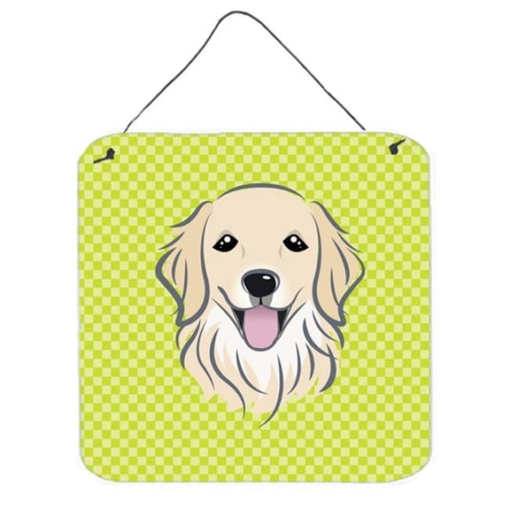 Checkerboard Lime Green Golden Retriever Aluminum Metal Wall Or Door Hanging Prints, 6 x 6 In.