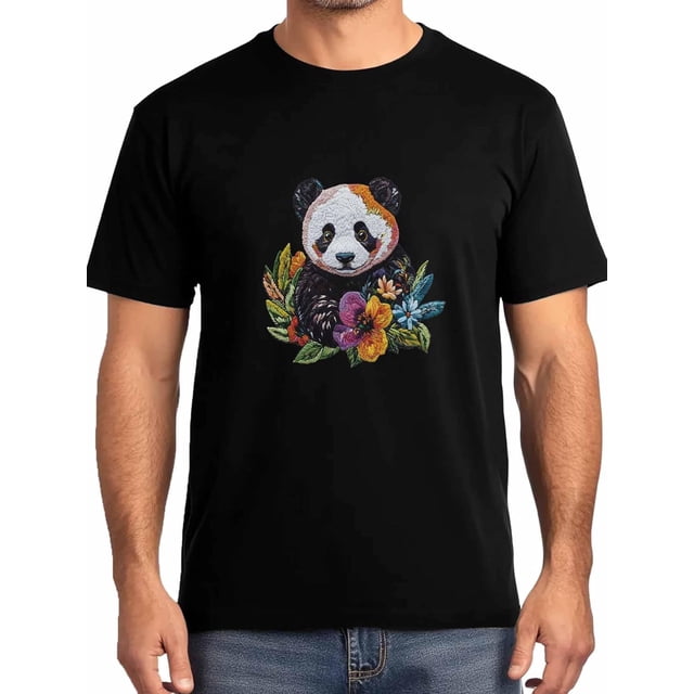 Camisetas para hombre con diseño de panda y flores de acuarela, de manga corta y cuello redondo, con estampado de animales, color negro-S